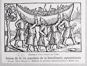 Wikinger tragen ein Boot nach Russland, Illustration aus Historia de Gentibus Septentrionalibus von Olaus Magnus (1490-1558), veröffentlicht in Rom, 1555 von Italian School