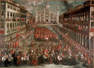 Spanischer Erbfolgekrieg: Feierlichkeiten zur Feier des Einzugs von Prinz Eugen von Savoyen (1663-1736) an der Spitze der siegreichen Armee nach der Schlacht von Turin am 24.09.1706 (Feier auf der Piazza Duomo in Mailand)
