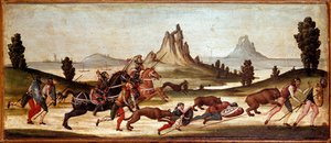 Wildjagdszene, Jäger werden von Tieren gebissen. Malerei der sienesischen Schule. 15. Jahrhundert, Florenz, Museo Nazionale del Bargello von Italian School