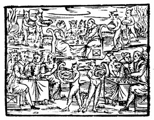 Hexen und Zauberer beim Sabbat, Illustration aus Compendium Maleficarum von Francesco Maria Guazzo, 1608