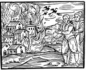 Hexen zerstören ein Haus durch Feuer, Schwaben 1533, Illustration aus Compendium Maleficarum von Francesco Maria Guazzo, 1608