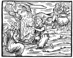 Hexen braten und kochen Säuglinge, Kopie einer Illustration aus Compendium Maleticarum von Fr M Guaccius, Mailand 1608, verwendet in Geschichte der Magie, veröffentlicht Ende des 19. Jahrhunderts von Italian School