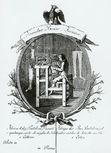 Arbeiter am Webstuhl, Bildwerbung für Stanislaus Bosisio Torinese, Hersteller von Socken, Hosen, Handschuhen und jeder Art von Seiden- und Baumwollstrickwaren, Gravur, Italien von Italian School