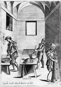 Milchverarbeitung (Milchprodukt) an einem kühlen Ort. Gravur aus „Opera“, Buch über Gastronomie in 6 Teilen, von Bartolomeo Scappi, persönlicher Koch von Papst Pius V. Venedig von Italian School