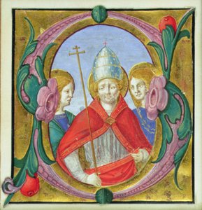 Historisierte Initiale S, die St. Gregor und zwei Heilige zeigt