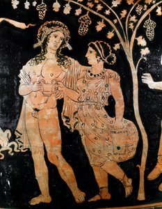 (Detail) einer Vase aus Ruvo in Apulien zeigt ein junges Ehepaar. Sie halten eine Weintasse in den Händen. 4. Jahrhundert v. Chr. Museo Archeologico Nazionale Neapel von Italic