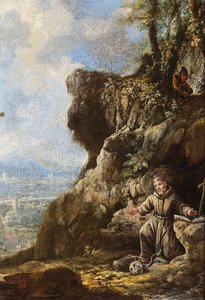 Der heilige Franziskus in Ekstase bei einem Felsvorsprung, eine Landschaft dahinter von Italo-Flemish School