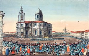 Volksmiliz auf dem Isaaksplatz in Sankt Petersburg empfangen