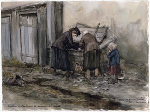 Zwei Frauen und ein Kind suchen nach Essen im Müll (aus der Aquarellserie Russische Revolution)