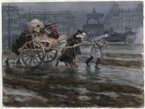 Familie zieht mit einer Handkarre um (aus der Aquarellserie Russische Revolution) - Vladimirov, Ivan Alexeyevich (1869-1947) - 1917-1918 - Aquarell auf Papier - 25,9x34,3 - Private Sammlung von Ivan Alexeyevich Vladimirov