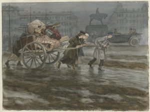 Familie, die ihre Habseligkeiten auf einem Wagen bewegt aus der Aquarellserie Russische Revolution, 1917-1918 von Ivan Alexeyevich Vladimirov