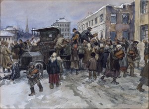 Hungrige Arbeiter in Petrograd plündern einen Militärlastwagen mit Brot, von Ivan Alexeyevich Vladimirov