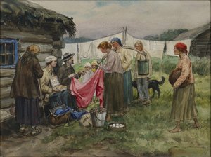 Hungrige Jahre in Petrograd. Tausch von Waren gegen Lebensmittel in einem Dorf in der Nähe eines Bahnhofs von Ivan Alexeyevich Vladimirov von Ivan Alexeyevich Vladimirov
