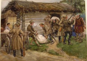 Beschlagnahme von Mehl von reichen Bauern in einem Dorf in der Nähe von Pskow