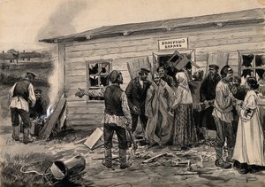Szene in einer Cholera-Baracke aus der Aquarellserie Russische Revolution, ca. 1920 von Ivan Alexeyevich Vladimirov