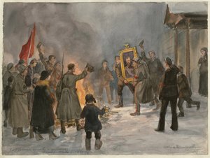 Soldaten verbrennen Gemälde (aus der Aquarellserie Russische Revolution) von Ivan Alexeyevich Vladimirov