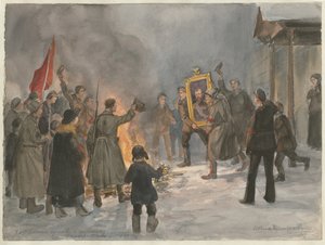 Soldaten verbrennen Gemälde aus der Aquarellserie Russische Revolution, 1917
