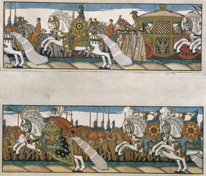 Die Armee des Zaren Dadon. Illustration für das Märchen Der goldene Hahn von Alexander Puschkin