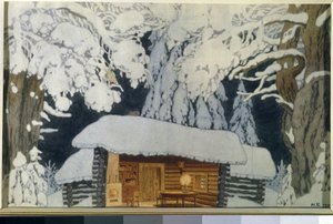 Holzhaus im verschneiten Wald. Bühnenbild für das Theaterstück "Der Kommandant Suworow" von Ivan Yakovlevich Bilibin