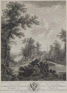 Blick auf den Connetable-Platz von der Steinbrücke in Gatchina, 1800