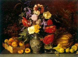 Stillleben mit Blumen und Früchten 1839 von Ivan Khrutsky (1810–1885) Geburtsname: Jan Chrucki. Polnisch-russischer Maler