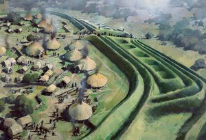 Luftaufnahme des Eingangs zur alten Oswestry-Hügelburg während der Eisenzeit