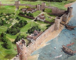 Rekonstruierte Ansicht der südöstlichen Ecke des römischen Londons und des zukünftigen Standorts des Tower of London um 400 n. Chr. von Ivan Lapper