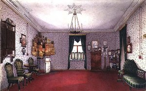 Ein russisches Wohnzimmer mit einer Ikonenecke