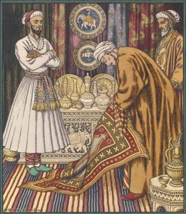 Prinz Ali kauft einen Teppich. Illustration für Arabische Märchen von Ivan Yakovlevich Bilibin
