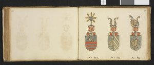 Illustration aus einem Privatarchiv in der Nationalbibliothek mit dem Titel Insignia quædam virorum illustrium in Norvegia quodam habitantium von Iver Nielssøn Hirtzholm von Iver Hirtzholm