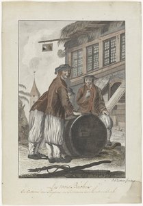 Drei Männer in Schweizer Kleidung vor einem Haus von J.A. Zoutman