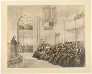 Diakonissen-Kirche, Pastor Fliedner predigt den Diakonissen in der Kapelle in Kaiserswerth, 1840
