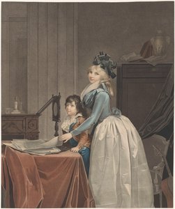 Porträt von Louise Sébastienne Gély mit Stiefsohn hinter einem Optikspiegel