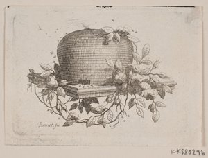 Eine Platte mit einem Bienenstock, umwunden mit Rosenlaub von J.F. Clemens