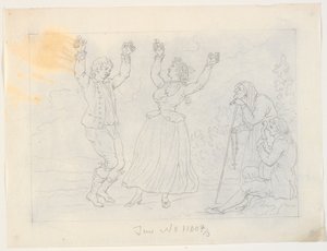 Mann und Frau tanzen Fandango. Ein junger Mann spielt Gitarre und eine alte Frau schaut zu von J.F. Clemens