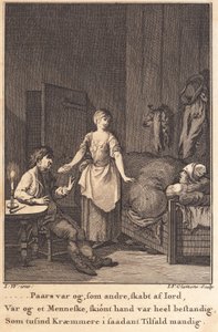 Marthe, die Köchin, kommt in das Zimmer zu Peder Paars und Per Ruus