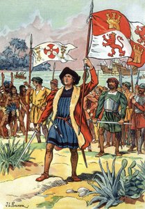 1492: Christoph Kolumbus landet in Amerika mit spanischer Flagge von J.L Beuzon (fl.1880 1940)