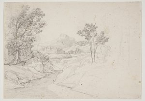 Landschaftsstudie mit Gebäuden am Wasserlauf. Italien von J.L. Lund