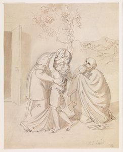 Sarah verabschiedet sich von Isaak, Abraham kniend