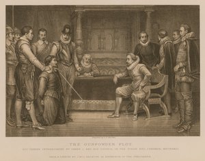 Das Pulverkomplott; Guy Fawkes wird von König James I. und seinem Rat im Schlafzimmer des Königs in Whitehall verhört