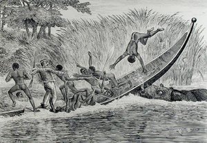 Wütendes Nilpferd kippt ein Boot um