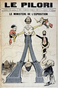 Der Minister der Ausstellung (Karikatur über Finanzskandale Ende des 19. Jahrhunderts und den Eiffelturm). Illustration von J. Blass (Albert Douat genannt). Titelblatt von „Le Pilori“ vom 3. März
