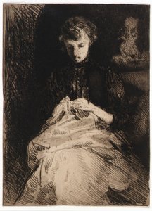 Sitzende Frau beim Nähen von J. Alden Weir