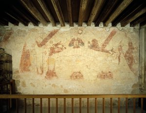 Ein Wandgemälde aus dem 15. Jahrhundert an der Ostwand der bemalten Kammer in der Cleeve Abbey, Somerset, 1999