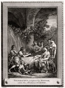 Telemachus, begleitet von Mentor, erzählt seine Abenteuer Calypso, 1774 von J. Collyer