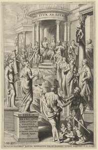 Herkules führt einen Mann an Personifikationen der Tugenden vorbei zum Tempel des ewigen Ruhms (Titelblatt für: Idea principis christiano-politica, Centum Symbolis expressa, Brüssel 1649)