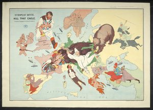 Karikaturkarte des europäischen Kriegsgebiets mit dem Titel 