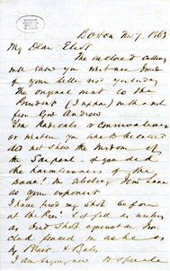 Brief unterzeichnet von J.M.F. [J.M. Forbes], Boston, an Eliot [William G. Eliot], 7. November 1863 von J. M. Forbes