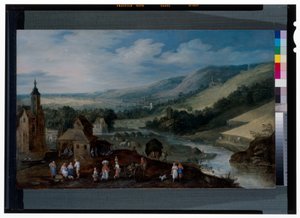 Weitläufige Flusslandschaft mit Bauern, die die Ernte einbringen von J. & Momper J. de (1564 1635) Brueghel