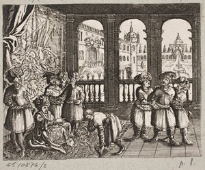 Illustration zu Adam Olearius, „Persianischer Rosenthal von einem Sinnreichen Poeten Schich Saadi“, Schleswig 1660 von J. Muller